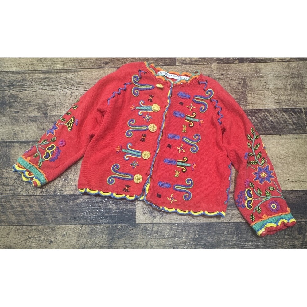 Vintage Michael Simon S New York Flowers Geometric Shapes Cardigan Sweater 1995